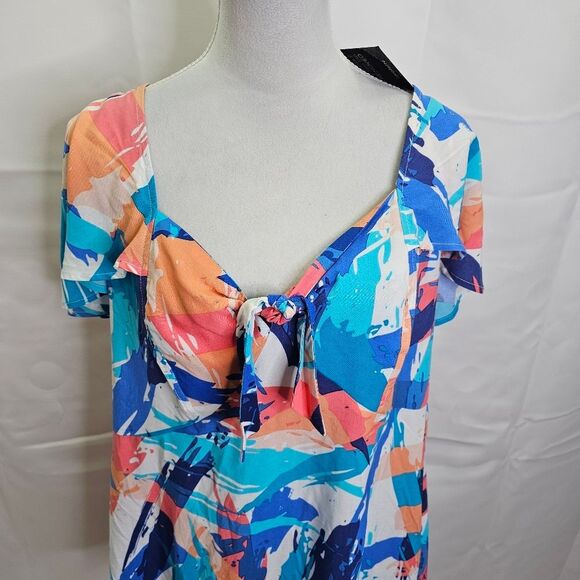 Loralette Blue Brushstroke Kata Print Tie Front Top Size 14 - Picture 5 of 14